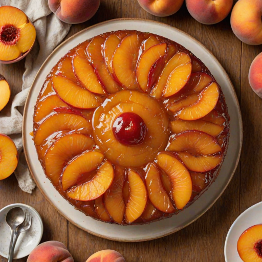 Create an image of a round peach upside-down cake with a glossy caramelized top, featuring slices of peaches arranged in a circular pattern. The cake should be displayed on a wooden serving platter, with fresh peaches and a small bowl of brown sugar in the background. Focus on the cake's golden color and the shiny glaze.