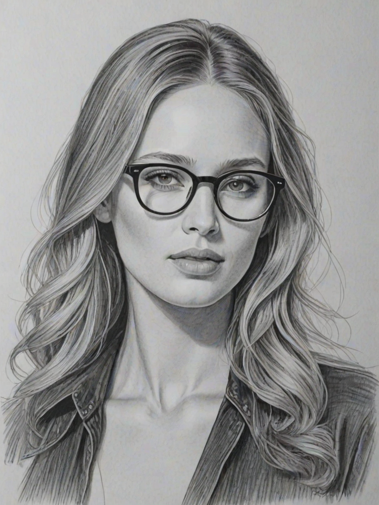 Bewitching Dylan Penn, pencil sketch, portrait of Enticing woman 1973s in glasses, hair style beatnik, outline, clear lines, fine lines, 8k