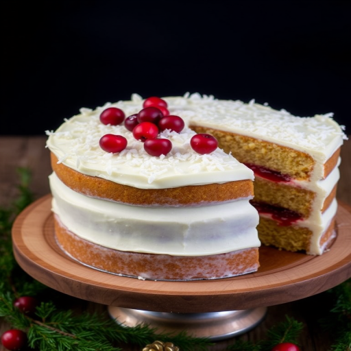 A beautifully decorated three-layer cake with white frosting and coconut flakes on top, showing a slice removed to reveal layers of cake and cranberry filling, garnished with fresh cranberries, placed on a wooden cake stand with a metallic base, surrounded by greenery.