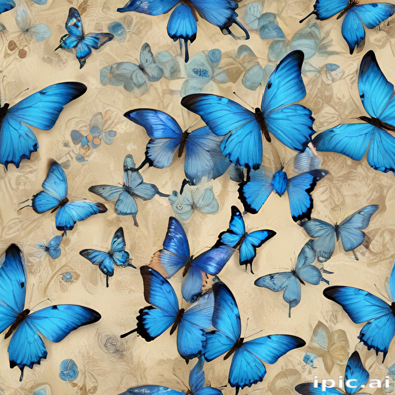 A Vibrant Display of Blue Butterflies Against a Soft Floral Background.