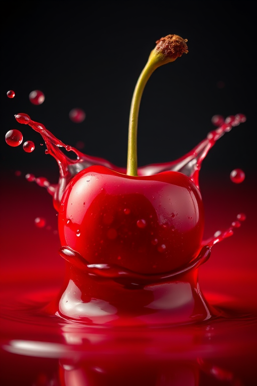 high-speed shot of a cherry splashing into red liquid, f/2.8 aperture, 1/1000 sec shutter speed, ISO 100, macro lens, soft focused background, studio lighting
