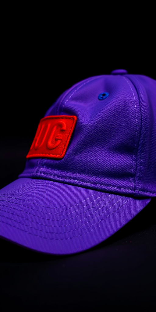 Regenerate a vibrant purple baseball cap with a red patch on the front, captured using a DSLR camera, aperture f/2.8, shutter speed 1/250s, ISO 100, in a side view with dramatic lighting to enhance texture and color vibrancy.