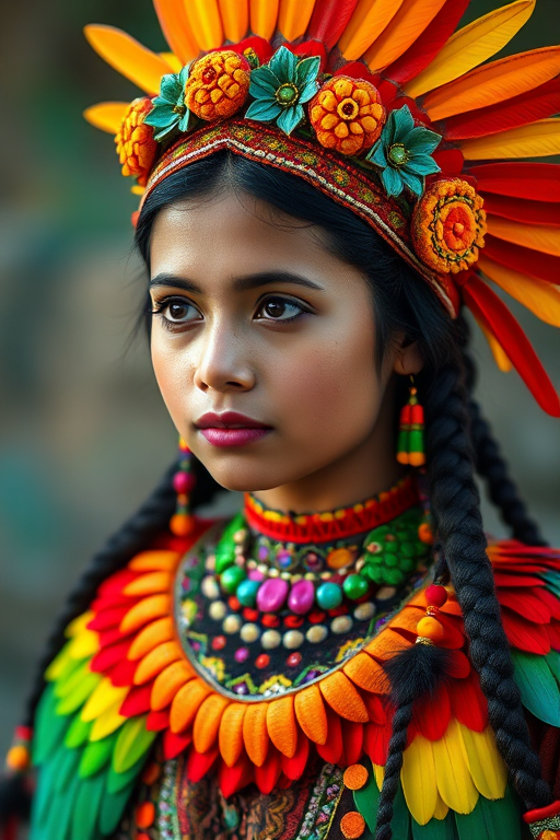 A beautiful Maya girl, wearing colorful bird clothing with vibrant colors