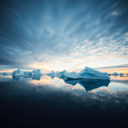 Generate a serene polar landscape with floating icebergs and a reflective ocean surface under a dramatic sky, shot with a DSLR camera at ISO 100, aperture f/8, shutter speed 1/100s, 24mm wide-angle lens, in landscape orientation for maximum depth and clarity.