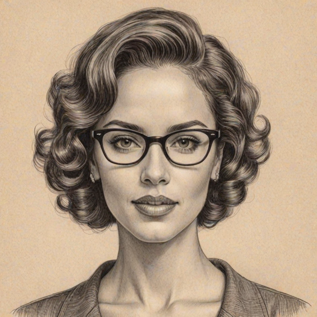 Comely Brittany Bell, pencil sketch, portrait of Ravishing woman 1952s in glasses, hair style beatnik, outline, clear lines, fine lines, 8k
