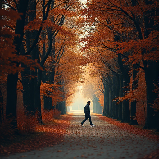 a solitary figure walking down a tree-lined path in autumn, rich orange and brown foliage, soft diffused lighting, shallow depth of field, taken with a Canon EOS R5 at f/1.8, 50mm lens, ISO 100, high dynamic range, low angle view, warm color grading