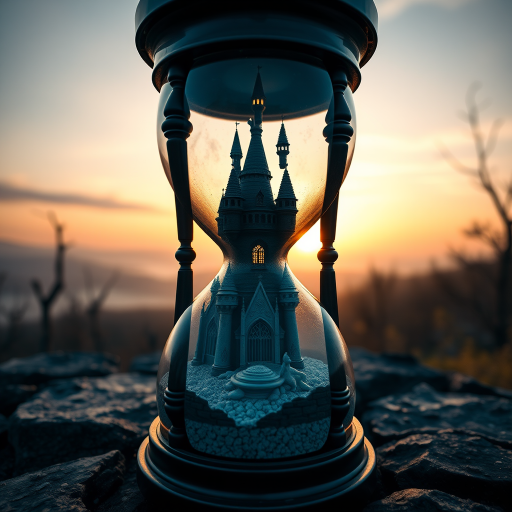 Create an image of a surreal hourglass containing a mystical castle, using a Canon EOS R5 camera, 24mm focal length, f/1.8 aperture, ISO 100, shot at sunrise with soft diffused lighting, high dynamic range, focus on intricate details of the hourglass and background scenery.