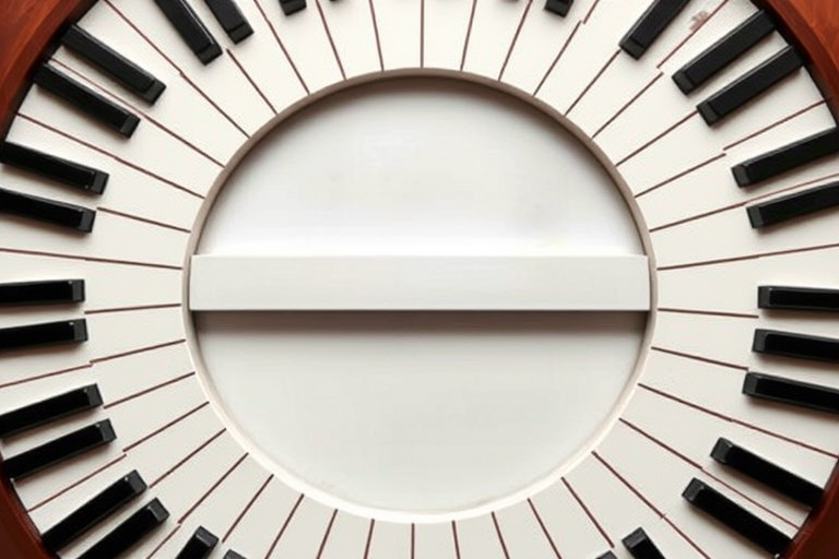 Create an abstract circular design featuring piano keys arranged around a central horizontal element, shot with a DSLR camera at f/8 aperture, 1/60 shutter speed, ISO 400, 50mm focal length, top-down view, and high saturation.