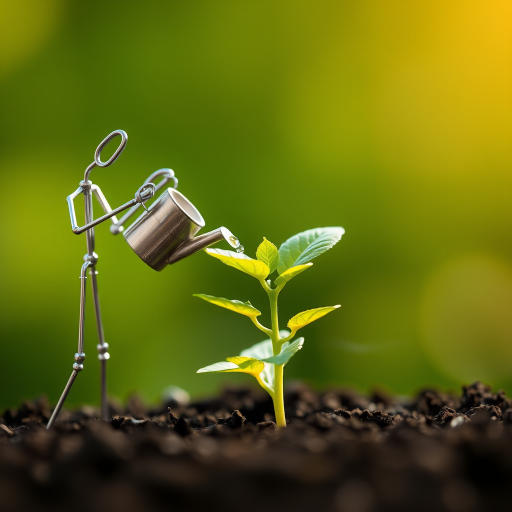 A metal figurine of a person, constructed from thin, silver rods, stands on the left side of the image, facing the viewer. The figurine is holding a small watering can and pouring water onto a young plant, with a few droplets in the air. The plant, with lush green leaves, is situated in the center, growing from dark soil. The background is a soft, out-of-focus blur of green, illuminated by warm, natural light.  The composition creates a sense of depth and intimacy. The image evokes feelings of growth, nurture, and hope.