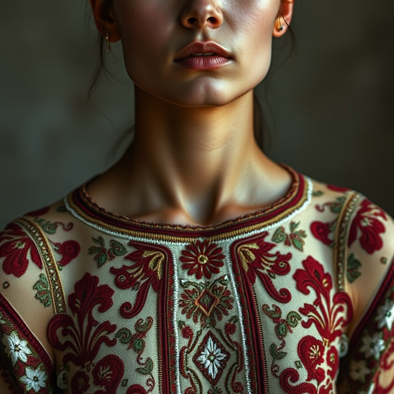 Face, shoulders, chest covered in openwork Druze embroidery. Raw, unedited image.