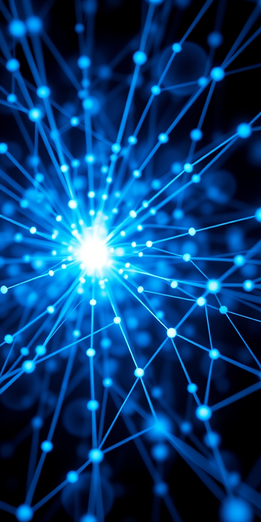 Create an intricate network of glowing blue lines and nodes converging towards a bright center, captured with a Canon EOS R5 camera, 24mm lens, f/2.8 aperture, ISO 100, in a macro view with a focus on the depth of the network and a slight bokeh effect to enhance the overall image quality.