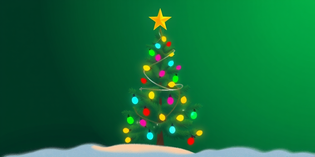 Create a vibrant illustration of a Christmas tree with colorful lights and a star on top, set against a deep green background, using a Canon EOS R5 with a 50mm f/1.2 lens, aperture set to f/2.8 for a soft bokeh effect, and a bright and festive atmosphere.