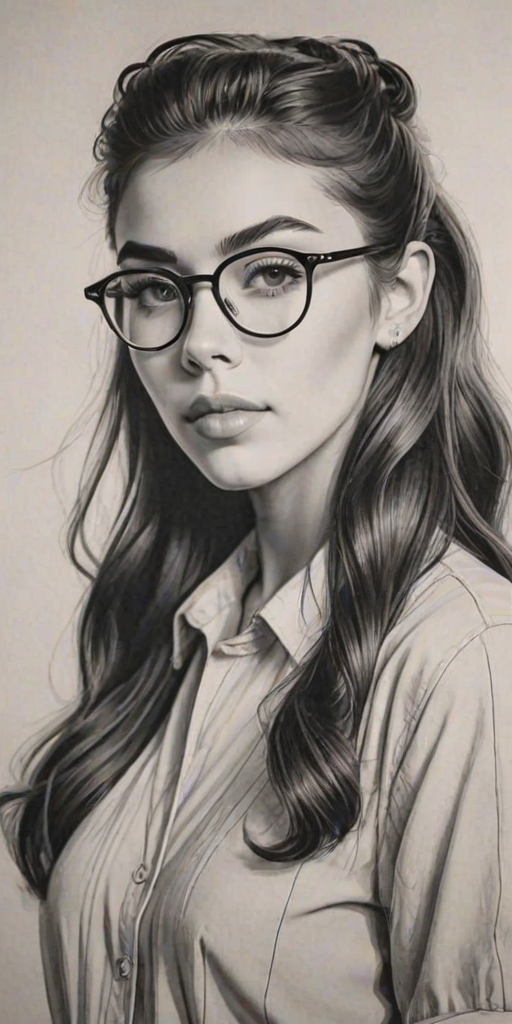 Stunning Madison Beer, pencil sketch, portrait of Graceful woman 1940s in glasses, hair style beatnik, outline, clear lines, fine lines, 8k