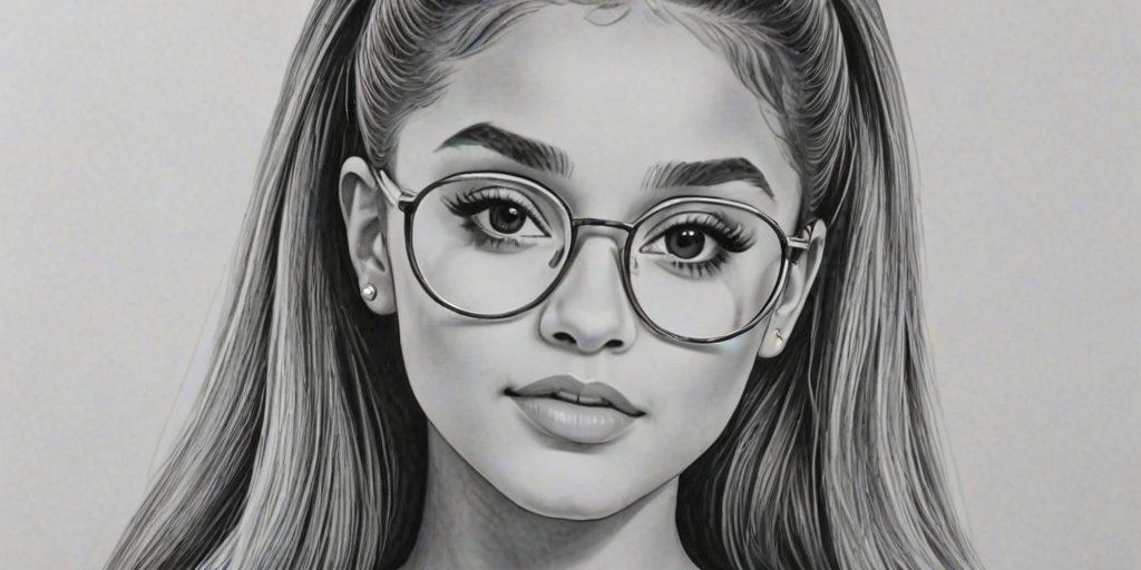 Appealing Ariana Grande, pencil sketch, portrait of Appealing woman 1979s in glasses, hair style beatnik, outline, clear lines, fine lines, 8k