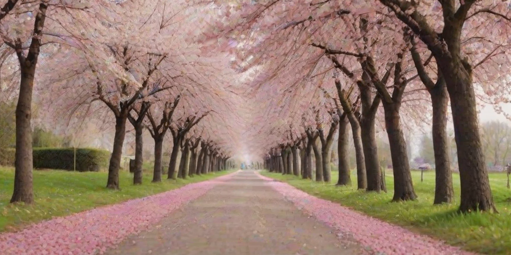 Soft-focus image of a quaint country road lined with blossoming cherry trees, soft pink petals falling gently to the ground, creating a magical pathway under a clear sky.