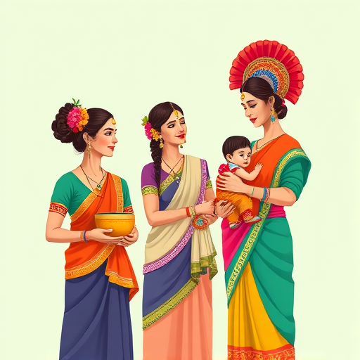 Create a vibrant illustration of three women in traditional attire, one holding a bowl, another with a vibrant headdress, and the third cradling a child, using a bright color palette, taken with a DSLR camera at f/2.8, 50mm lens, natural light, shallow depth of field, and a clean background to enhance focus on the subjects.