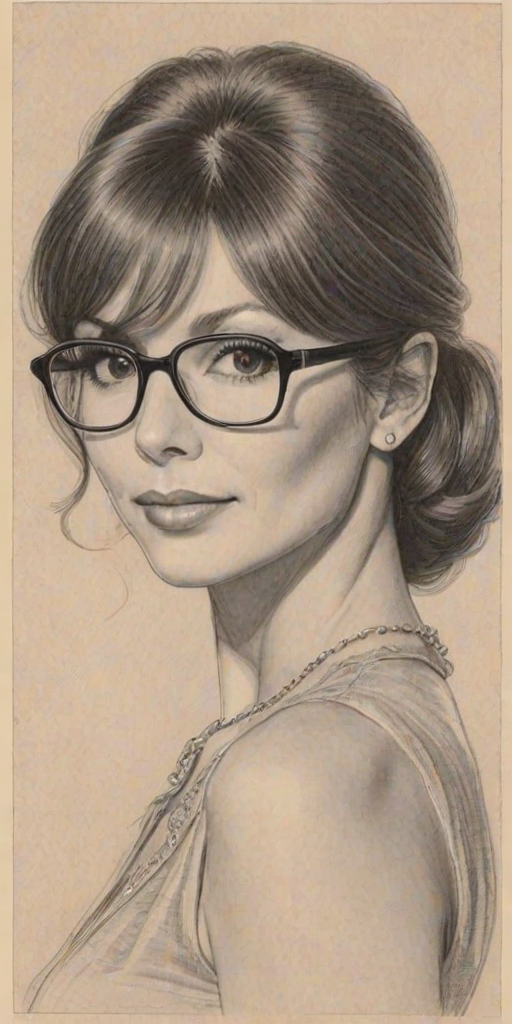Radiant Victoria Principal, pencil sketch, portrait of Appealing woman 1926s in glasses, hair style beatnik, outline, clear lines, fine lines, 8k