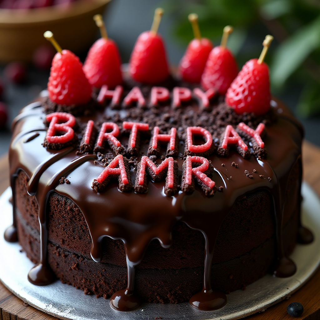 black forest gateau cake, spelling out the words "HAPPY BDAY AMR", tasty, food photography, dynamic shot