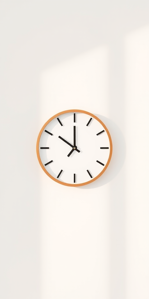 Create a high-quality minimalist clock icon on a plain background, using a Canon EOS 5D Mark IV, 50mm lens, aperture f/2.8, ISO 100, 1/200 sec, centered framing, soft natural lighting.