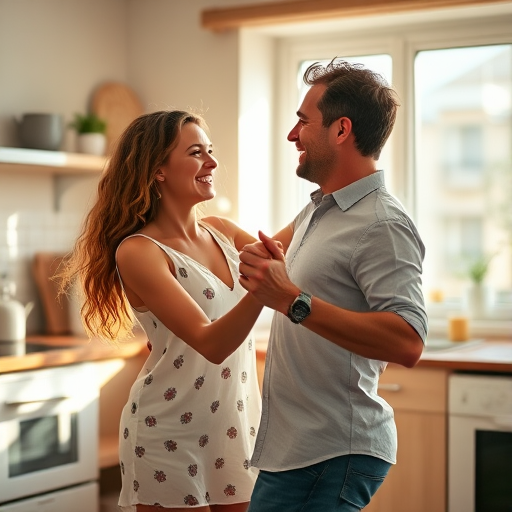 A joyful couple dancing in a sunlit kitchen, soft natural light filtering through a window, 35mm lens, f/2.8 aperture, ISO 200, warm color tone, shallow depth of field, DSLR camera.