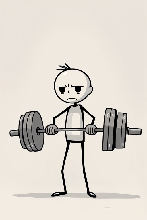 Create a high-quality illustration of a stick figure struggling to lift a heavy barbell, with a worried expression and sweat, using a Canon EOS R5 camera, 50mm lens, f/2.8 aperture, 1/200s shutter speed, shot from a low angle to emphasize the struggle.