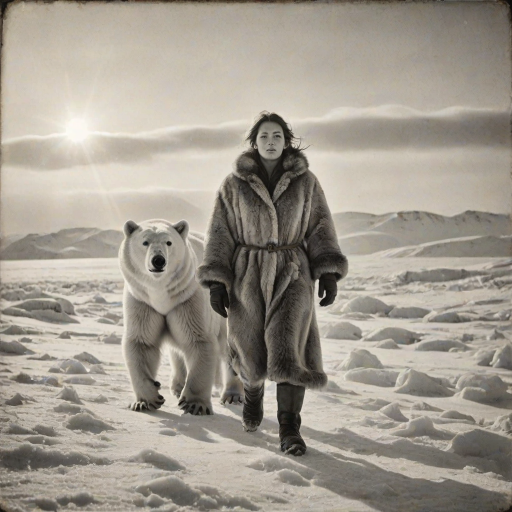 A very old photograph in black and white. The photo is badly damaged, faded, with scratches, tears, smudges and dirt. The photo is ultra-realistic and very detailed. It's a picture of an Arctic warrior. She is walking serenely towards the camera. At her side walks a majestic polar bear. Its fur shines in the sunlight. Snow, ice, sea. wind. snow in the air.