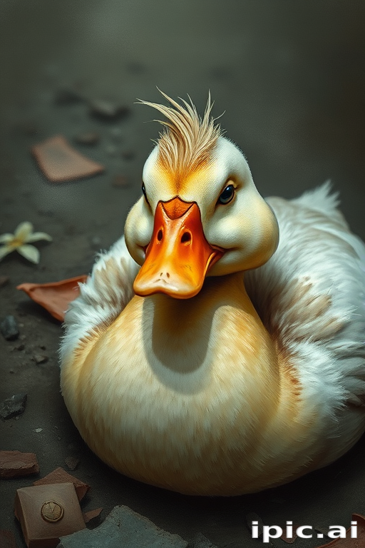 Stunning image of a cute adorable tired looking wacky duck laying flat on the ground, no emotions, moody, grainy, noisy, concept art, by Alberto Seveso, Cyril Rolando, Dan Mumford, Meaningful Visual Art, Detailed Painting, Digital Illustration,
