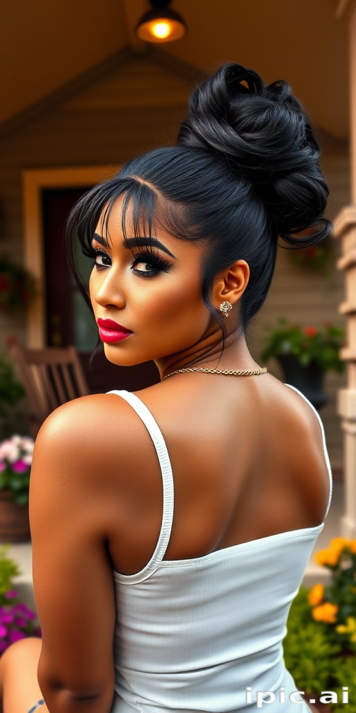 A photo of Nicki Minaj with a background of a cozy porch. She has dark hair pulled back in an updo, with tendrils framing her face. She wears a white tank top and sits on the porch. The porch is part of a well-lit home with a warm, earthy tone and colorful flowers and foliage. The overall scene has a warm, welcoming, and comfortable ambiance.