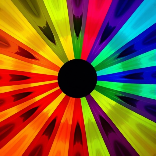 Create an abstract design of a colorful sunburst with vibrant rays of multiple colors radiating from a central circle, shot with a DSLR camera at ISO 100, f/8, 1/200s shutter speed, using a wide-angle lens from a low angle to enhance depth and clarity.