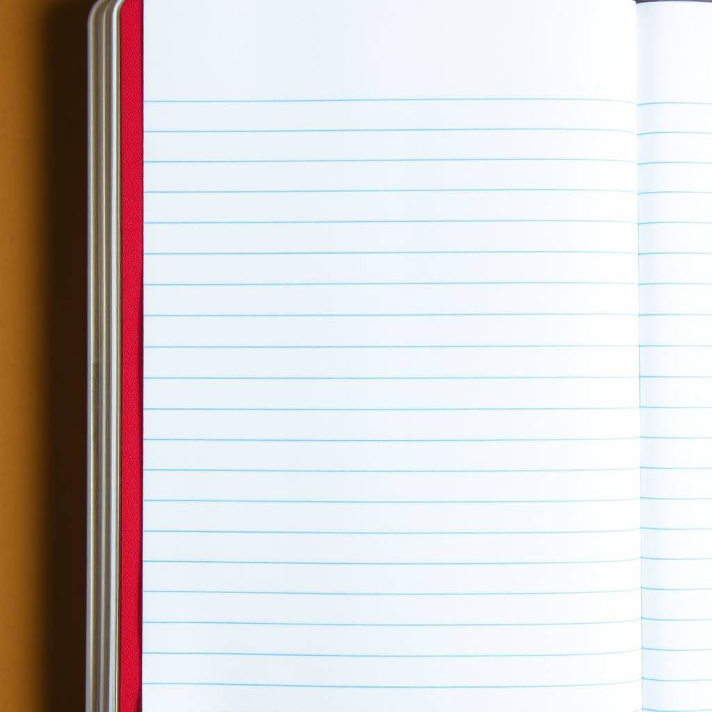 A blank notebook page with blue lined paper and a red margin, captured using a DSLR camera, 50mm lens, f/1.8 aperture, ISO 100, natural lighting, overhead view, high resolution.