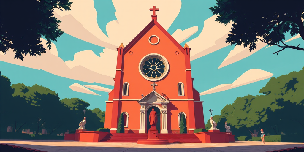 Create an enhanced digital illustration of a stylized architecture scene featuring a church with a rose window, surrounded by trees and a statue, using a vibrant color palette and geometric shapes, captured with a Canon EOS R5 at f/8, ISO 100, 24mm lens, with a wide-angle view and high contrast lighting to emphasize details.