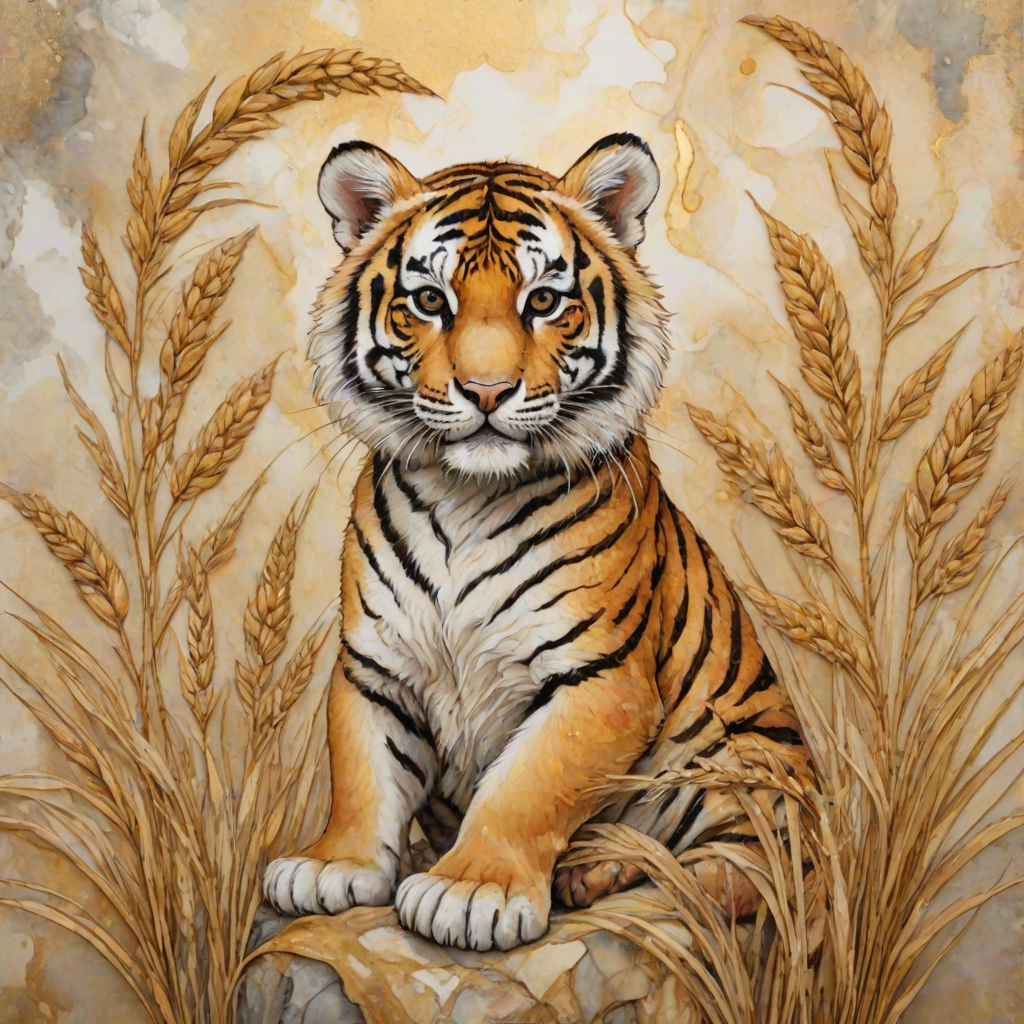 Soft, muted Alcohol Ink with ebru effect background image of tiny whimsical tiger, who climbed high on the top of a golden rye ear.
