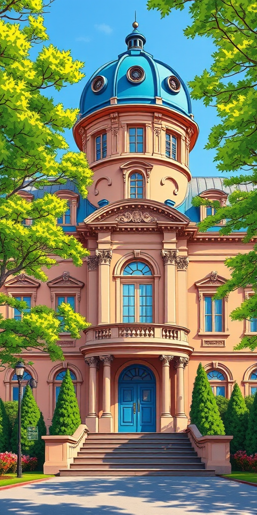 a colorful cartoon-style illustration of a historic mansion with a blue dome and green trees around it, captured from a low angle with a wide lens, f/8 aperture, ISO 100, 1/250 sec shutter speed, bright daylight lighting
