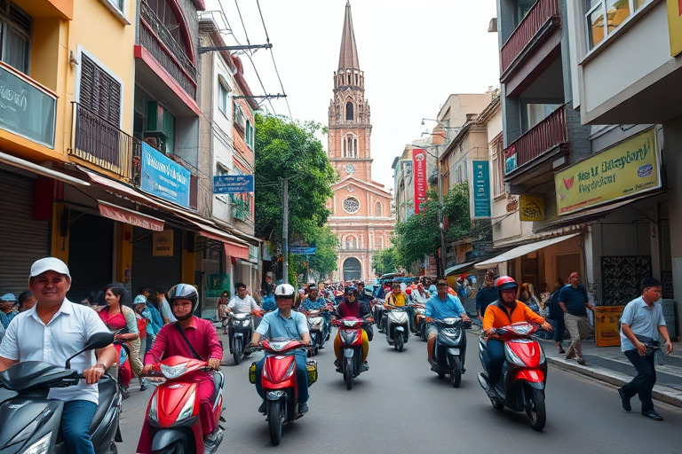 Capture a vibrant street scene bustling with people and motorbikes in an urban area, focusing on a tall church steeple in the background, shot with a Canon EOS R5, aperture f/8, shutter speed 1/200s, ISO 100, using a wide-angle lens at 24mm for a clear, detailed perspective.