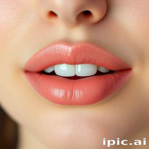 Romantic woman lips with a soft peach tinted lip balm, dewy and fresh, subtly enhancing natural lip color, embodying youthful radiance