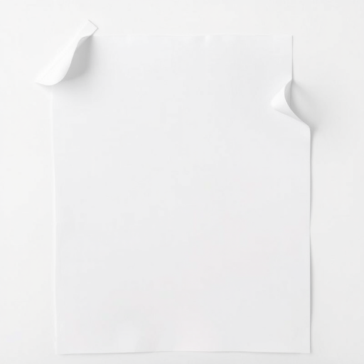 Create a high-resolution image of a blank sheet of paper with a slight curl at the top corner, using a 50mm lens, f/1.8 aperture, ISO 100, and soft lighting, with a top-down view and a digital camera style.