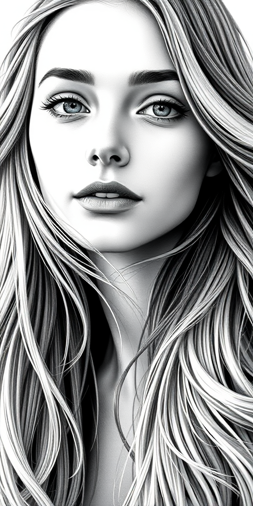 Create a highly detailed black and white illustration of a young woman with long, flowing hair, using a Canon EOS R5 with a 50mm f/1.2 lens, aperture set to f/1.2 for a shallow depth of field, 1/200s shutter speed, ISO 100, shot in portrait mode to emphasize facial features and hair texture.
