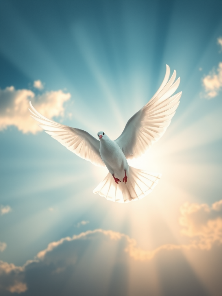 Create an ethereal image of a white dove soaring through a radiant sky, with beams of light illuminating its wings, captured with a Canon EOS 5D Mark IV at f/2.8, ISO 100, 1/200s, in a wide-angle view, utilizing a soft focus lens to enhance the dreamlike quality.