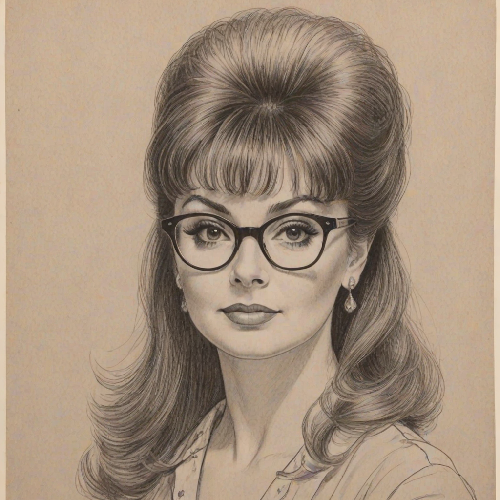 Fascinating Naomi Judd, pencil sketch, portrait of Fetching woman 1959s in glasses, hair style beatnik, outline, clear lines, fine lines, 8k