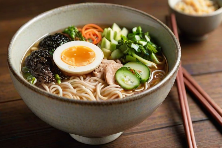 Close-up of a steaming bowl of ramen, garnished with fresh herbs and vegetables, set on a wooden table with chopsticks resting beside it, creating an inviting culinary scene.