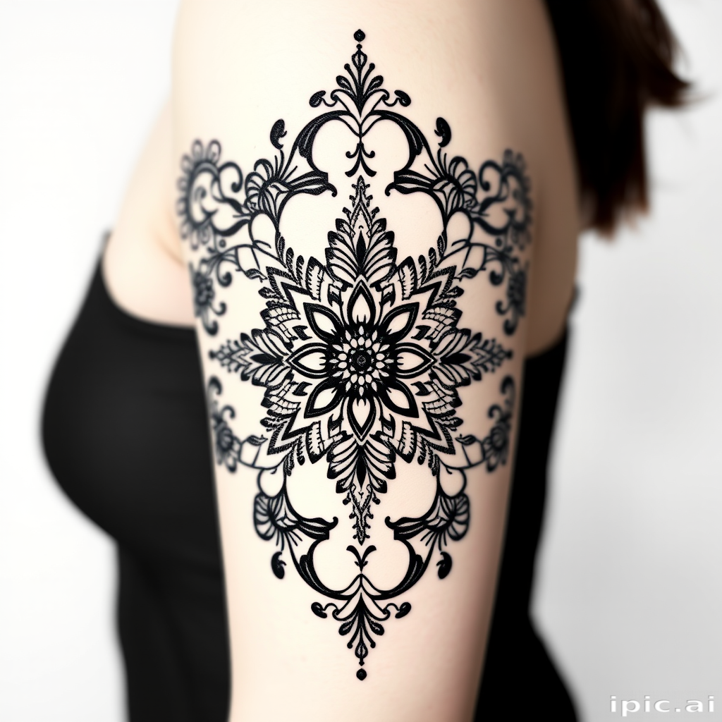 Ornamental blackwork tattoo titled "Lace Elegance" showcasing intricate floral and geometric patterns inspired by delicate lacework, incorporating symmetrical designs and negative space for visual contrast