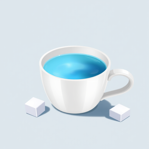 Create a high-resolution digital illustration of a cup with a lid partially open revealing a light blue liquid inside, include two sugar cubes beside it, use a 50mm lens, aperture f/4, ISO 100, with a soft focus background to enhance clarity and detail.