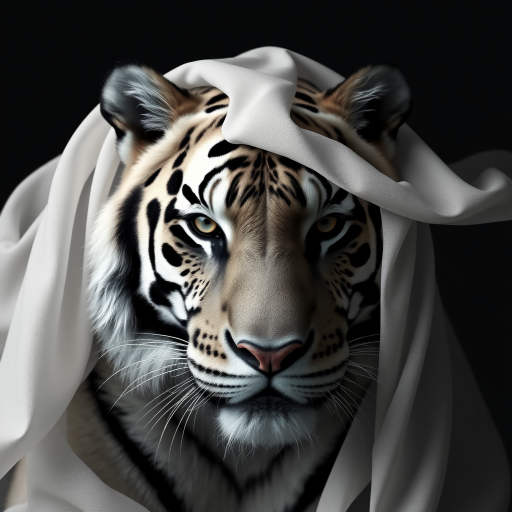 A hyper-realistic digital portrait of an tiger with fabric draped over its head. The fabric is sheer and lightweight, allowing the contours of the tiger’s face to show through, including its ears, eyes, and nose. The texture of the fabric is smooth and flowing, with delicate folds and creases that suggest softness and movement. The tiger’s expression is serene and contemplative. The image focuses on the interplay of light and shadow on the fabric and the tiger's face, creating a monochromatic palette of whites and grays. The background is a simple, nondescript dark shade to highlight the subject.