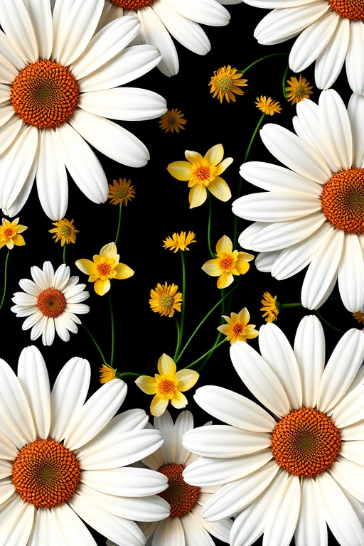 Create a detailed floral pattern featuring large white daisies with brown centers and delicate yellow flowers on a black background, using a macro lens with an aperture of f/4 for a shallow depth of field, ISO 100 for clarity, and a DSLR camera for high resolution.