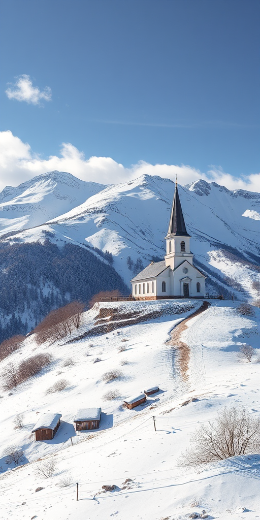 Create a high-resolution image of a snowy mountain landscape featuring a white church on a hillside, using a DSLR camera with a 24mm lens, aperture f/11, ISO 100, and a shutter speed of 1/200s, capturing the scene in bright daylight with a slight cloud cover for texture.