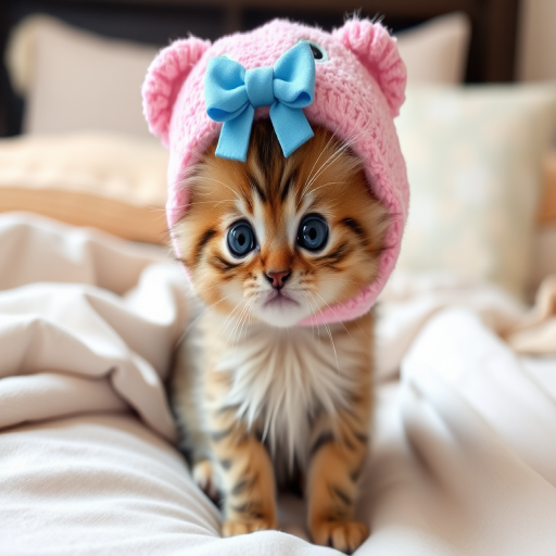 A cute fluffy kitten wearing a pink stuffed animal hat with a blue bow sitting on a bed surrounded by soft blankets and pillows. The kitten has large expressive eyes and a playful demeanor.