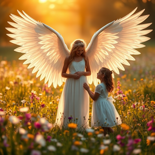 Create a serene scene of a celestial being with large, radiant wings interacting gently with a young girl in a lush, flower-filled meadow, with soft golden light illuminating the background, captured with a Canon EOS R5, 85mm lens, f/1.8, ISO 100, and a shallow depth of field for a dreamy effect.