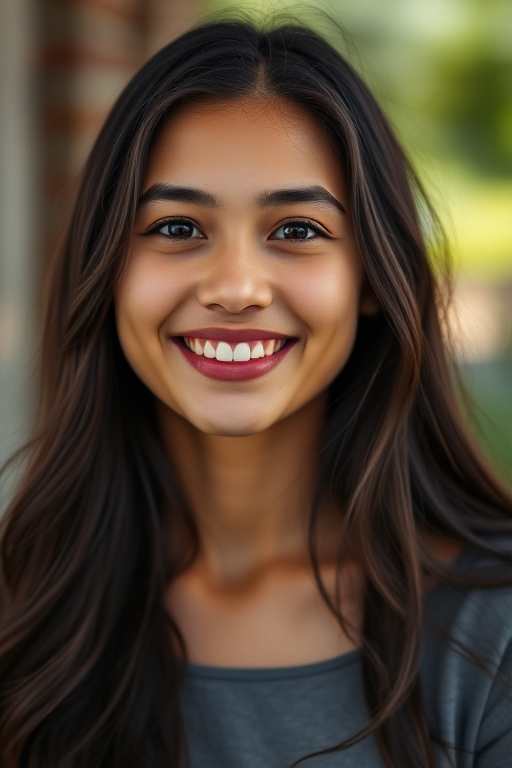 Generate a portrait of a smiling young woman with long dark hair and a warm expression, using a Canon EOS R5 camera, 85mm f/1.2 lens, aperture set to f/1.2, ISO 100, shutter speed 1/200, natural light, soft focus background.