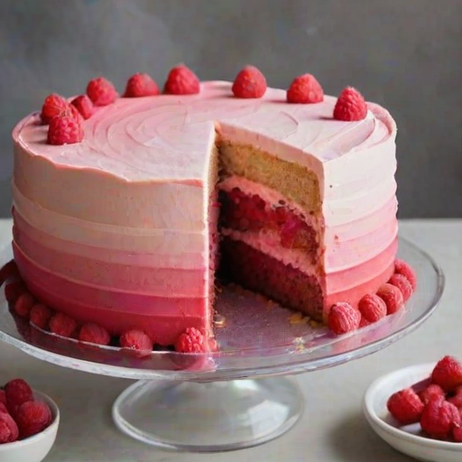 Create an image of a layered cake with an ombre pink frosting design. The cake should be topped with fresh raspberries and placed on a clear glass cake stand. Include a few raspberries scattered around the base of the cake and a soft, neutral-colored cloth underneath. The background should be bright and minimalistic to emphasize the cake's colors.