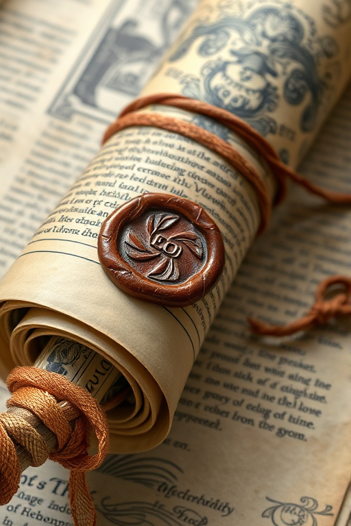 Regenerate an intricately detailed illustration of an ancient scroll, tightly rolled with a wax seal and ribbon, captured with a Canon EOS 5D Mark IV, 50mm lens, aperture f/2.8, ISO 100, in soft natural light for enhanced texture and clarity.